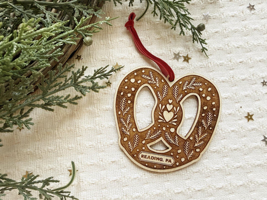 Reading PA Pretzel Ornament Pennsylvania Dutch Wood Christmas Ornament Pretzel City Berks County Gift Folk Art Hometown Keepsake