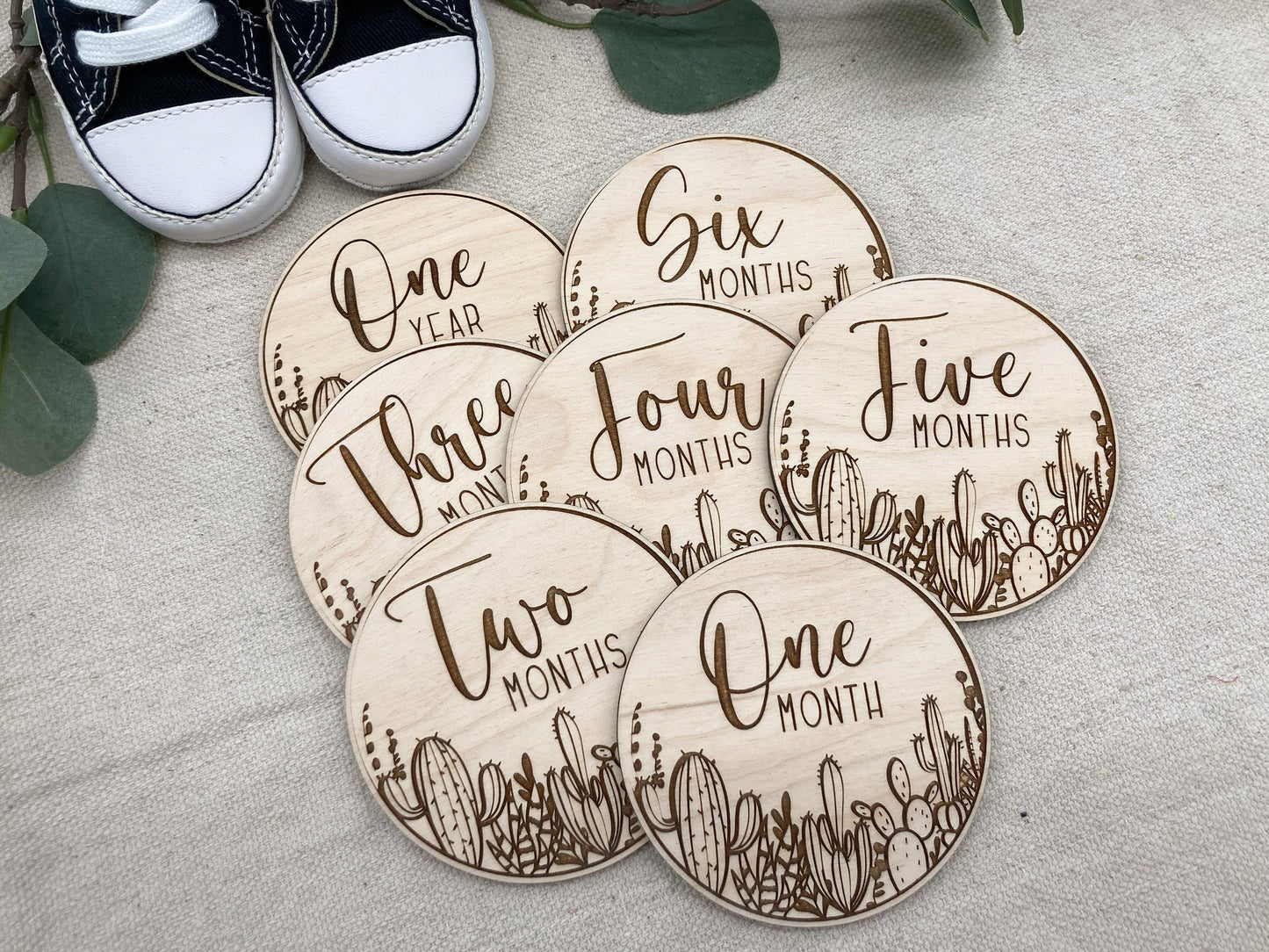 Wooden Cactus Monthly Milestone Discs