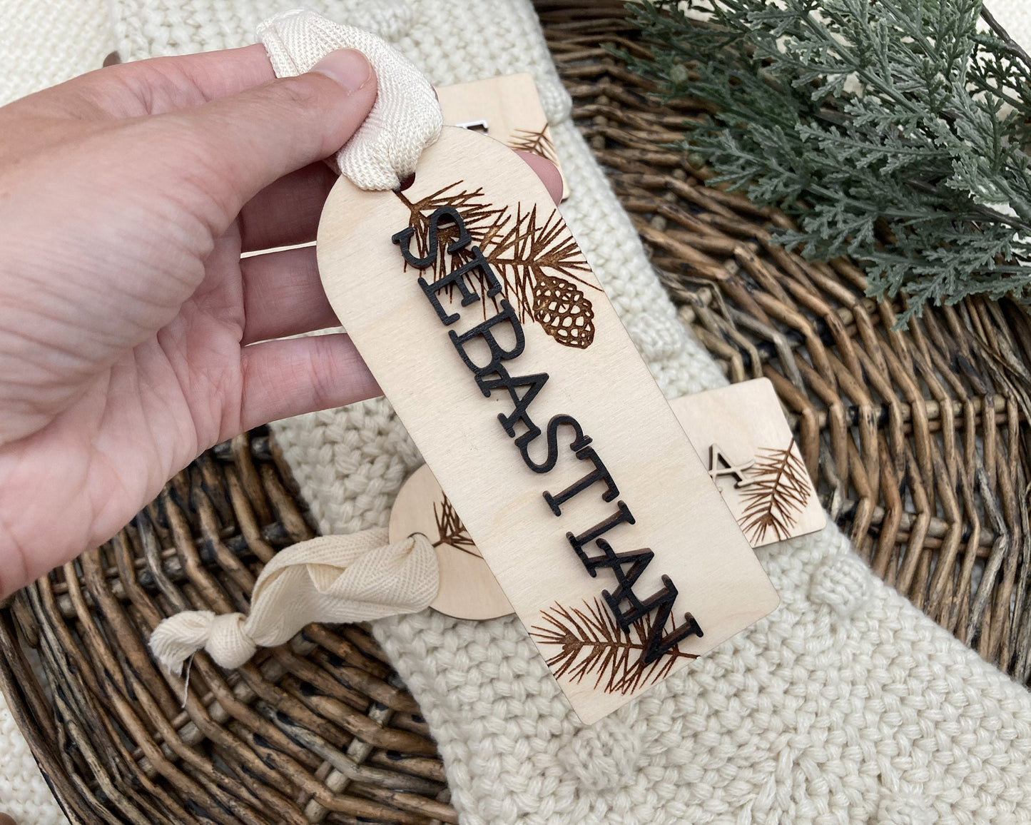 Pinecone Christmas Stocking Name Tag