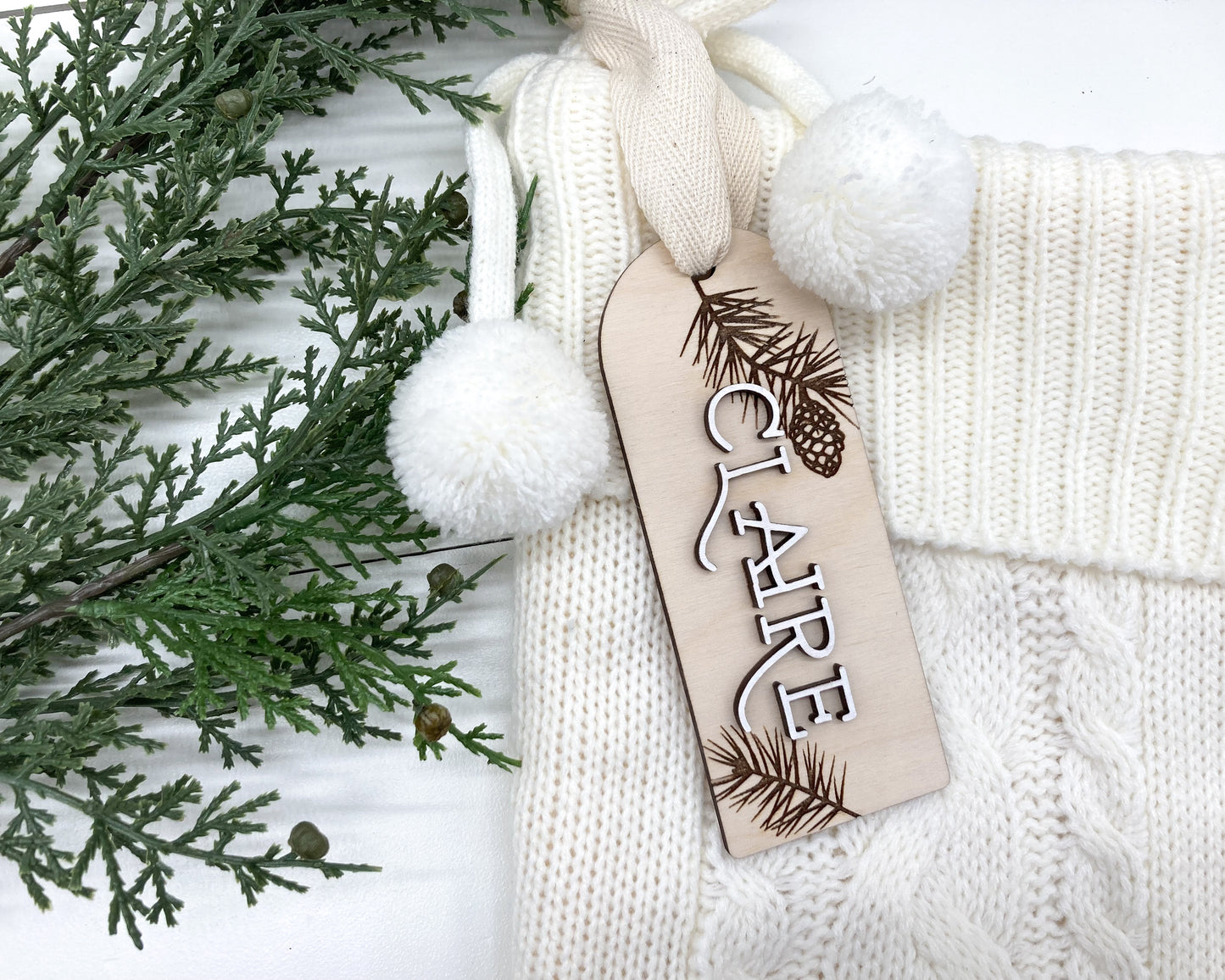 Pine Branch Christmas Stocking Name Tag