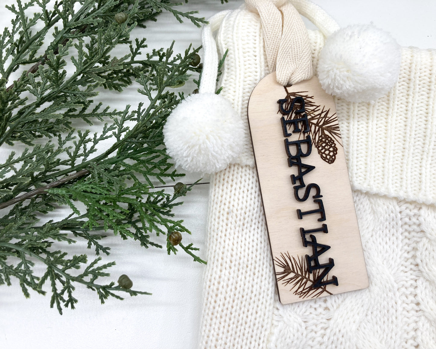 Pine Branch Christmas Stocking Name Tag