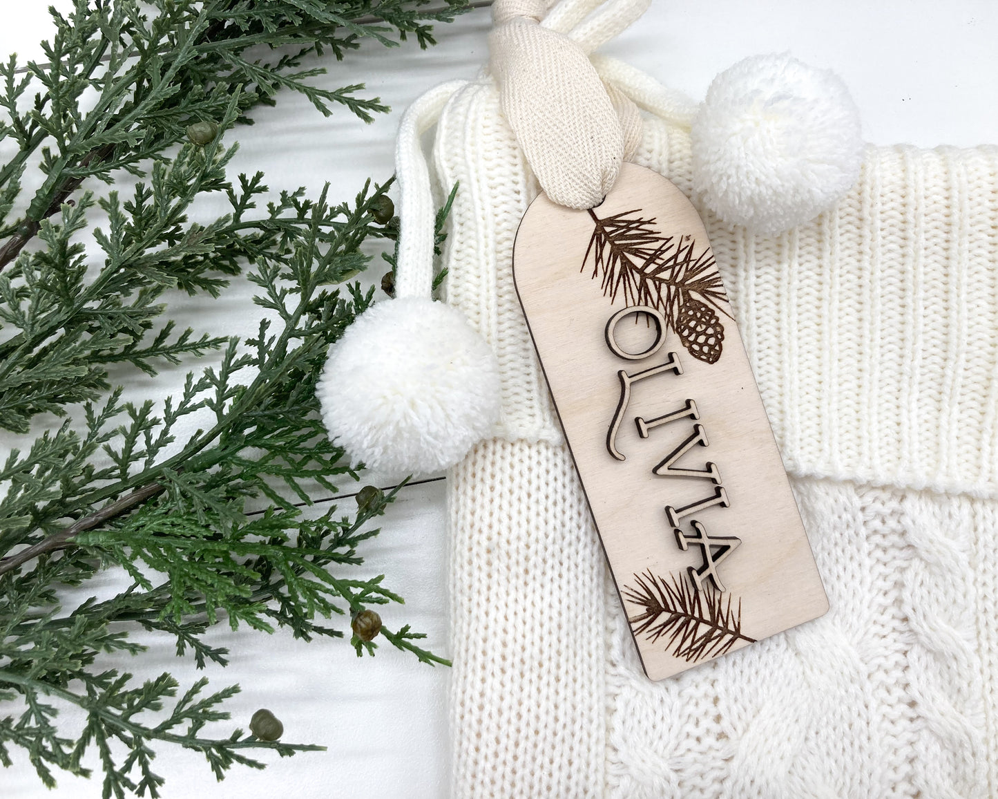 Pine Branch Christmas Stocking Name Tag